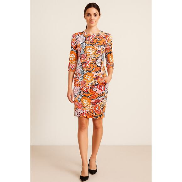 J.McLaughlin Multicolor Floral Shift Dress XS 3/4 Sleeve Stretch Knit w/ Pockets - Picture 1 of 13